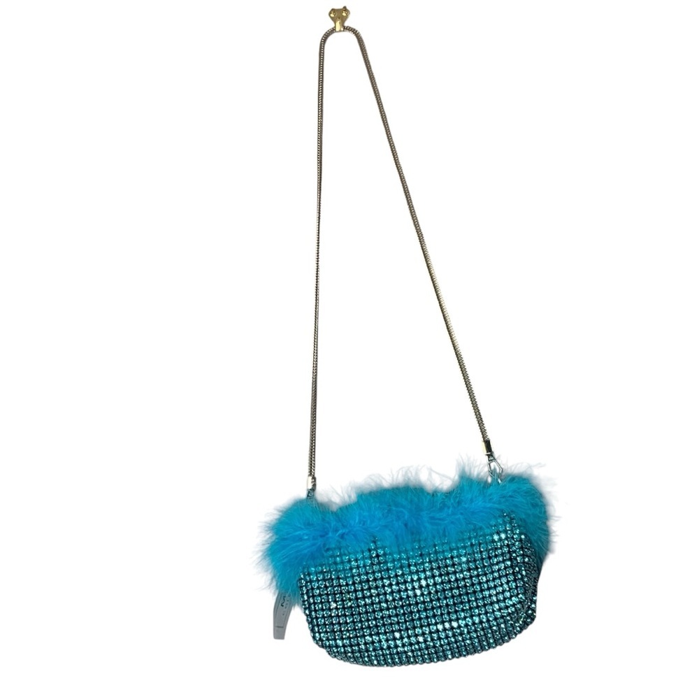 MAC COLLECTION NWT aqua rhinestone dual hand and shoulder‎ bag w feather trim.